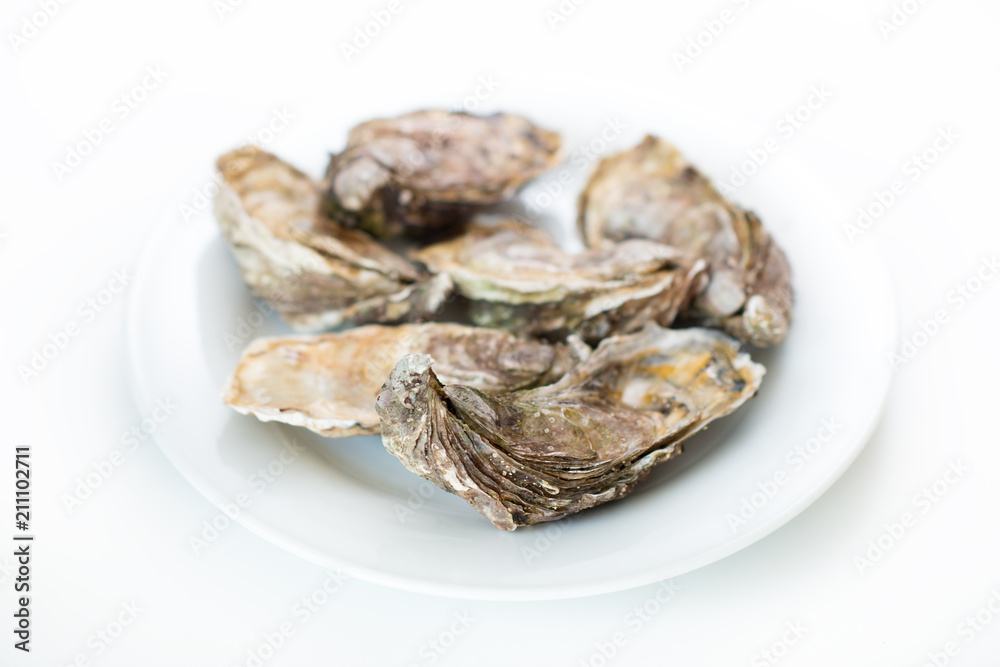 Fresh oysters. Raw fresh oysters on white round plate, image isolated, with soft focus. Restaurant delicacy. Saltwater oysters. Fresh oysters. Raw fresh oysters on white round plate, image isolated, with soft focus. Restaurant delicacy. Saltwater oysters.