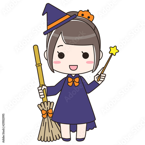 ハロウィン　箒と杖を持った魔女