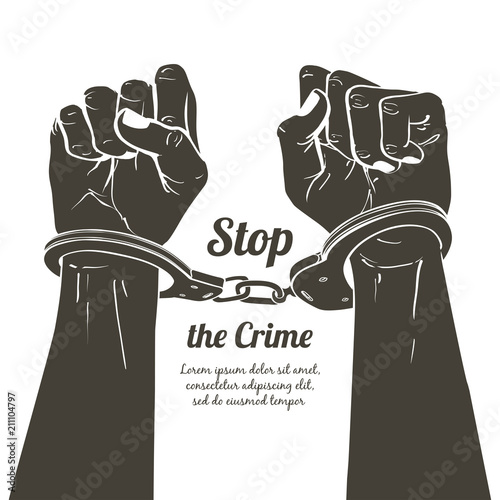 Handcuffs on the hands. Sketch vector illustration