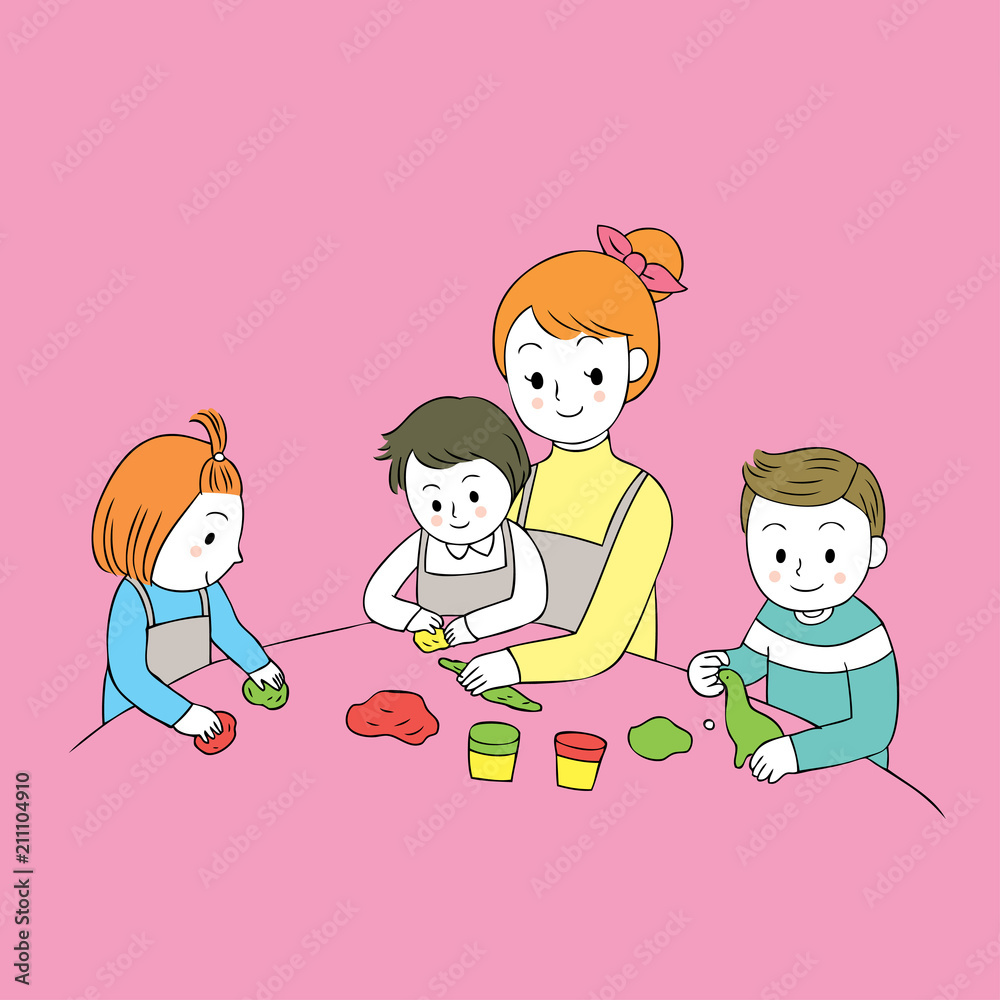 Cartoon cute preschool teacher and students playing clay vector. Cartoon cute preschool teacher and students playing clay vector.