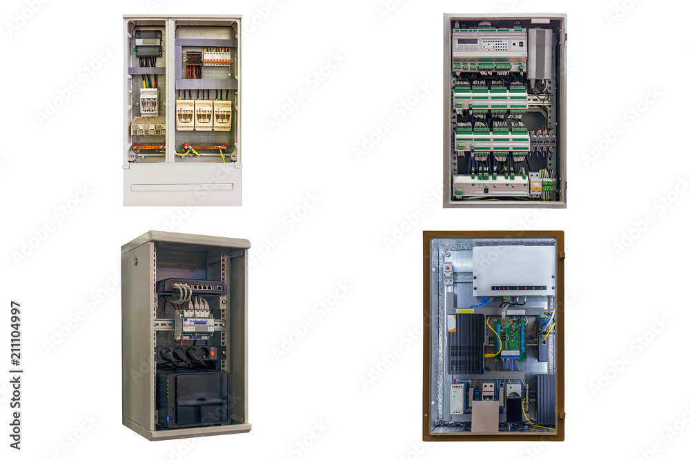 four different electrical control cabinet isolated on white background