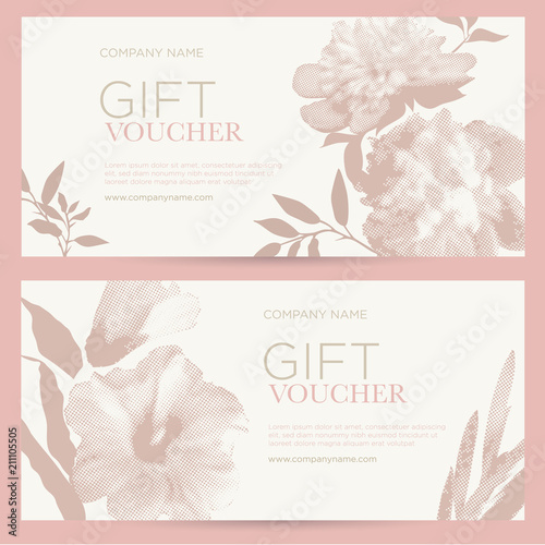 Elegant gift certificates with flowers. Pink peonies and mallow in half ton style on a light background. The template can be used for spa, cosmetics, beauty, restaurants