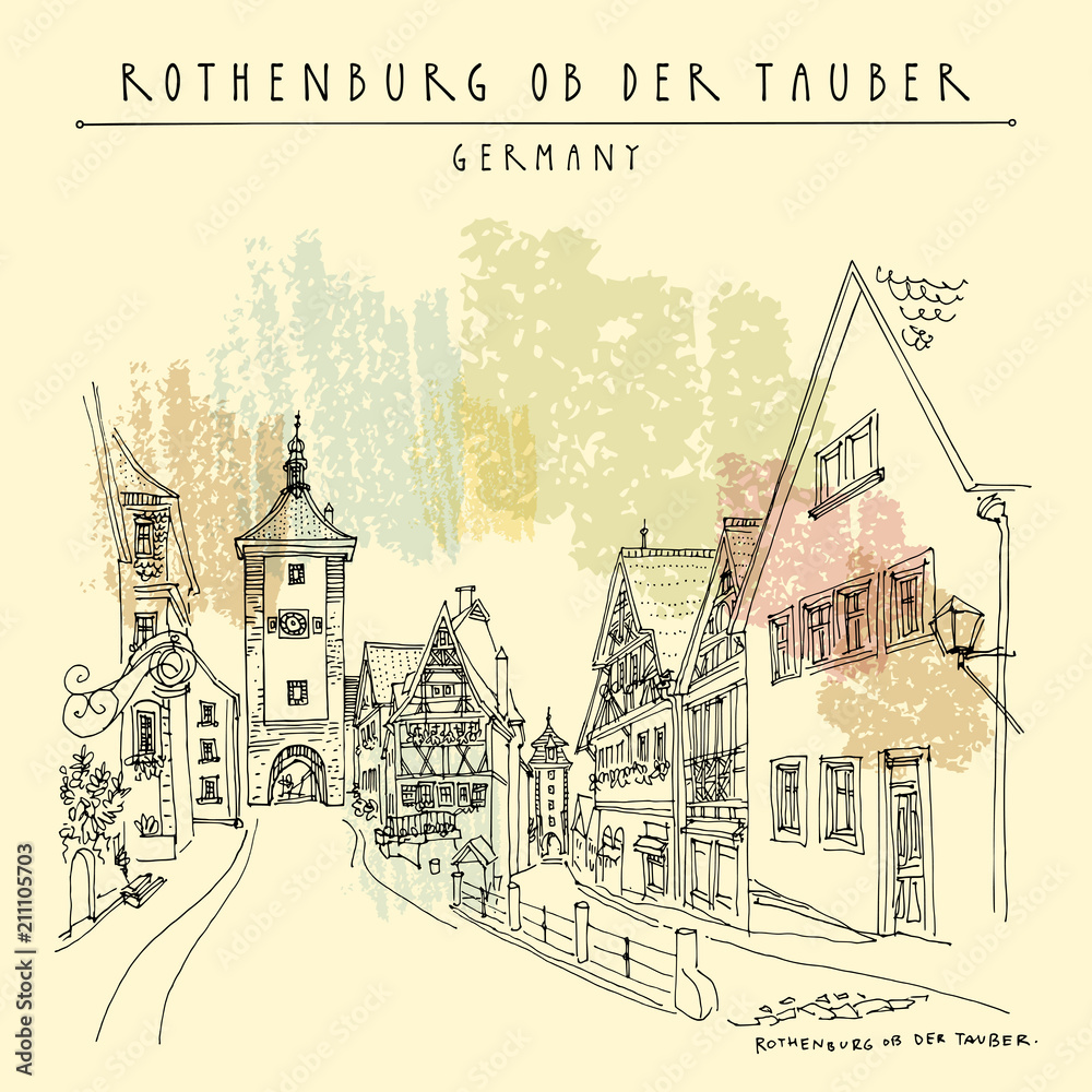 Rothenburg ob der Tauber, Germany tavel sketch. Vintage hand drawn postcard