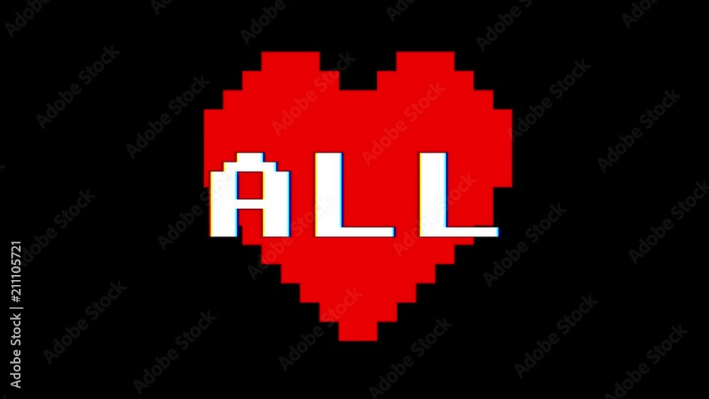 pixel heart ALL word text glitch interference screen seamless loop animation background new dynamic retro vintage joyful colorful video footage pixel heart ALL word text glitch interference screen seamless loop animation background new dynamic retro vintage joyful colorful video footage