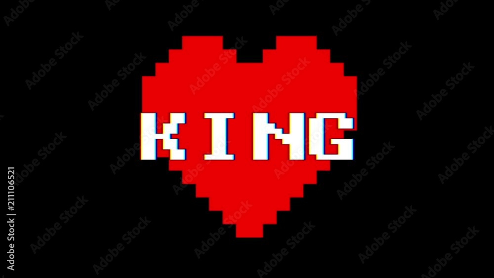 pixel heart KING word text glitch interference screen seamless loop animation background new dynamic retro vintage joyful colorful video footage pixel heart KING word text glitch interference screen seamless loop animation background new dynamic retro vintage joyful colorful video footage