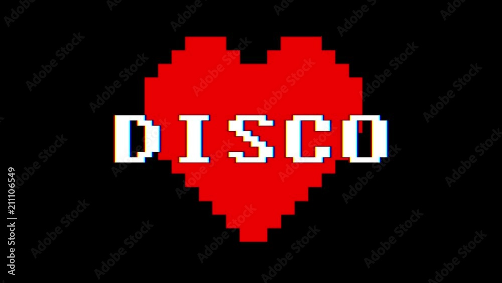 pixel heart DISCO word text glitch interference screen seamless loop animation background new dynamic retro vintage joyful colorful video footage pixel heart DISCO word text glitch interference screen seamless loop animation background new dynamic retro vintage joyful colorful video footage