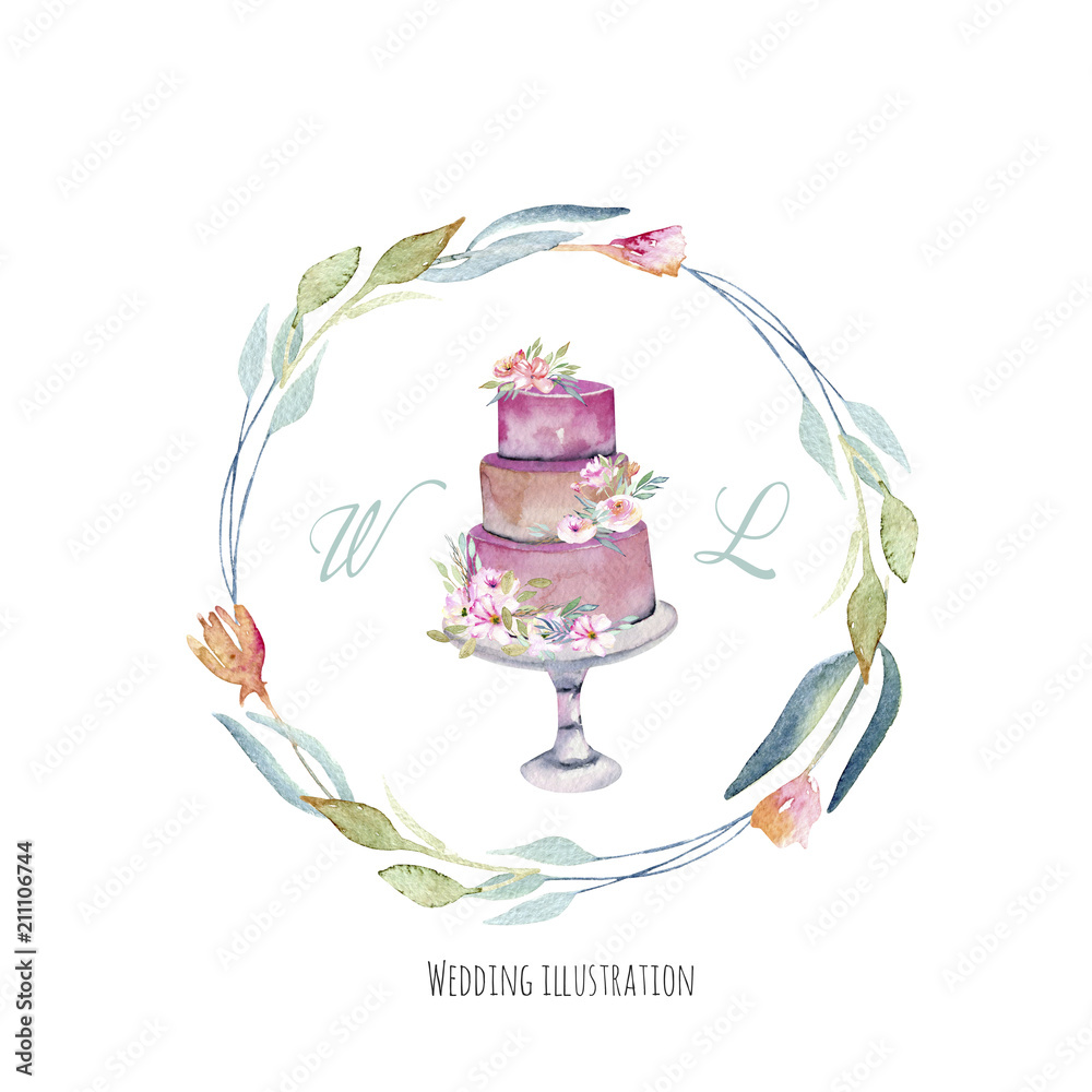 Watercolor holiday wedding cake with floral wreath, wedding card design ...