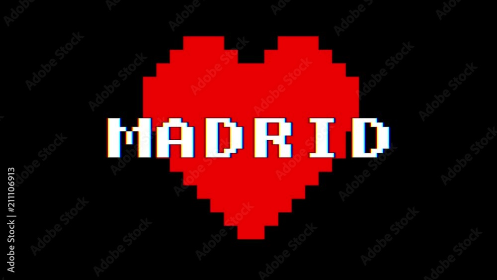 pixel heart MADRID word text glitch interference screen seamless loop animation background new dynamic retro vintage joyful colorful video footage pixel heart MADRID word text glitch interference screen seamless loop animation background new dynamic retro vintage joyful colorful video footage