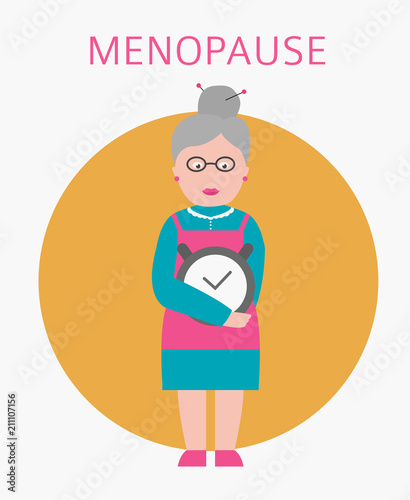 Menopause icon isolated on white. Grandmother is holding alarm clock