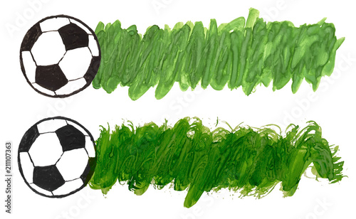 set of two templates for football soccer score. hand drawn watercolor ball and abstract long green grass spot isolated on white background. esp 10 vector illustration.