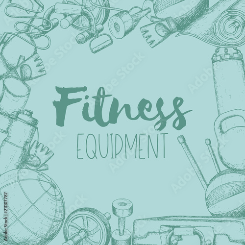 Set of fitness accessories, sketch cartoon illustration of gym equipment for home exercise. Vector