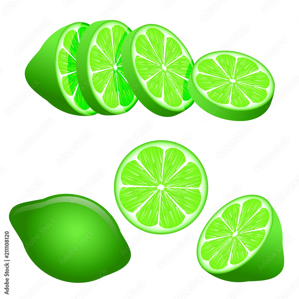 Set of green lime slices isolated on white background.