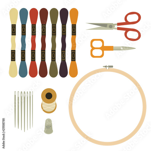 Collection of sets of Sewing equipment, dressmaking and needlework accessories icons set with needle tape measure zipper flat isolated vector illustration. Fashion clothing, sewing, clothing design.