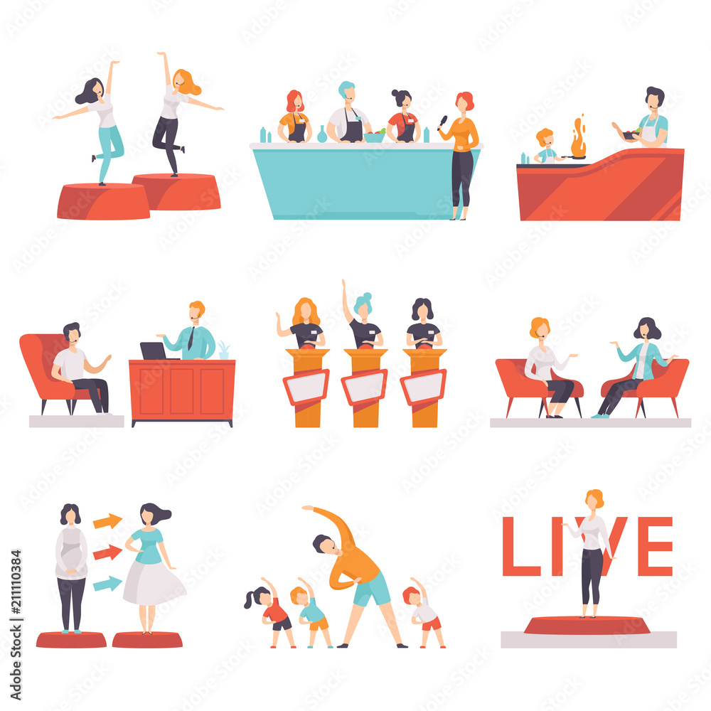 People taking part in a TV show set, entertainment, culinary, fashion, fitness shows on TV vector Illustrations on a white background