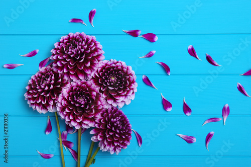  Flowers on blue painted wooden planks.