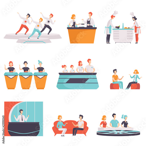 People taking part in a TV show set, TV news, interview, quiz, cooking show vector Illustrations on a white background
