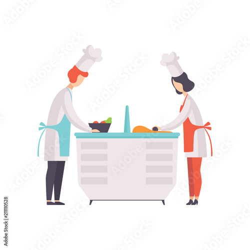 Two chefs in uniform cookong some food in the TV studio, cooking show vector Illustration on a white background