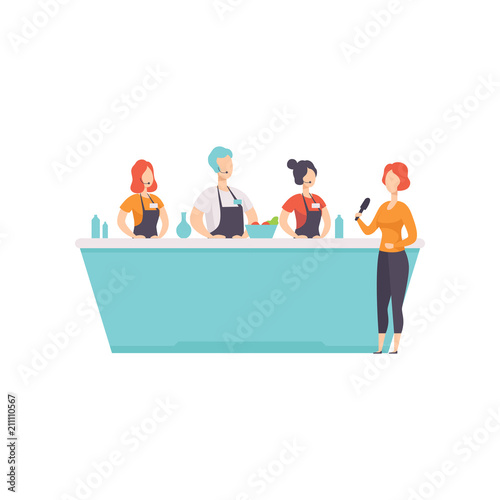 TV presenter interviewing cooks who cooking food in a TV studio vector Illustration on a white background