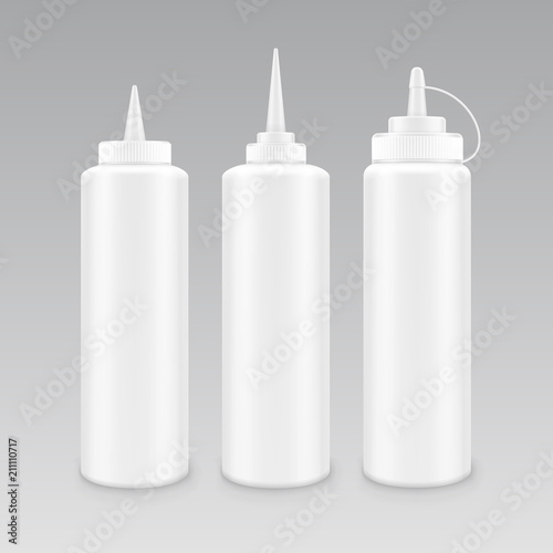 Vector Set of Blank Plastic White Mayonnaise Mustard Ketchup Bottle for Branding without label Isolated on Background