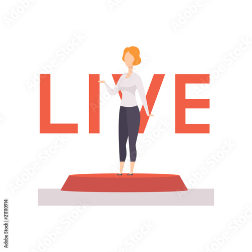 Female broadcaster news reporting live vector Illustration on a white background
