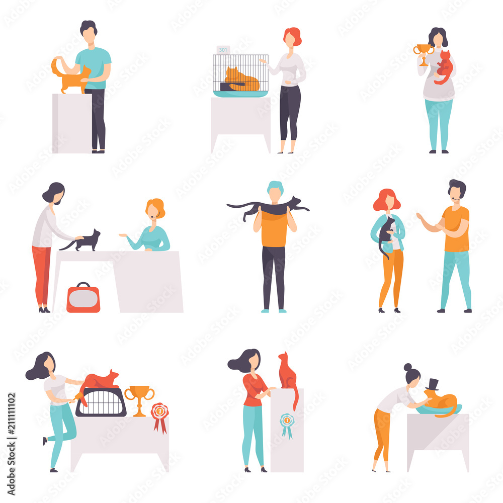 Cat breeds show, owners presenting their pets at show exhibition vector Illustrations on a white background Cat breeds show, owners presenting their pets at show exhibition vector Illustrations on a white background