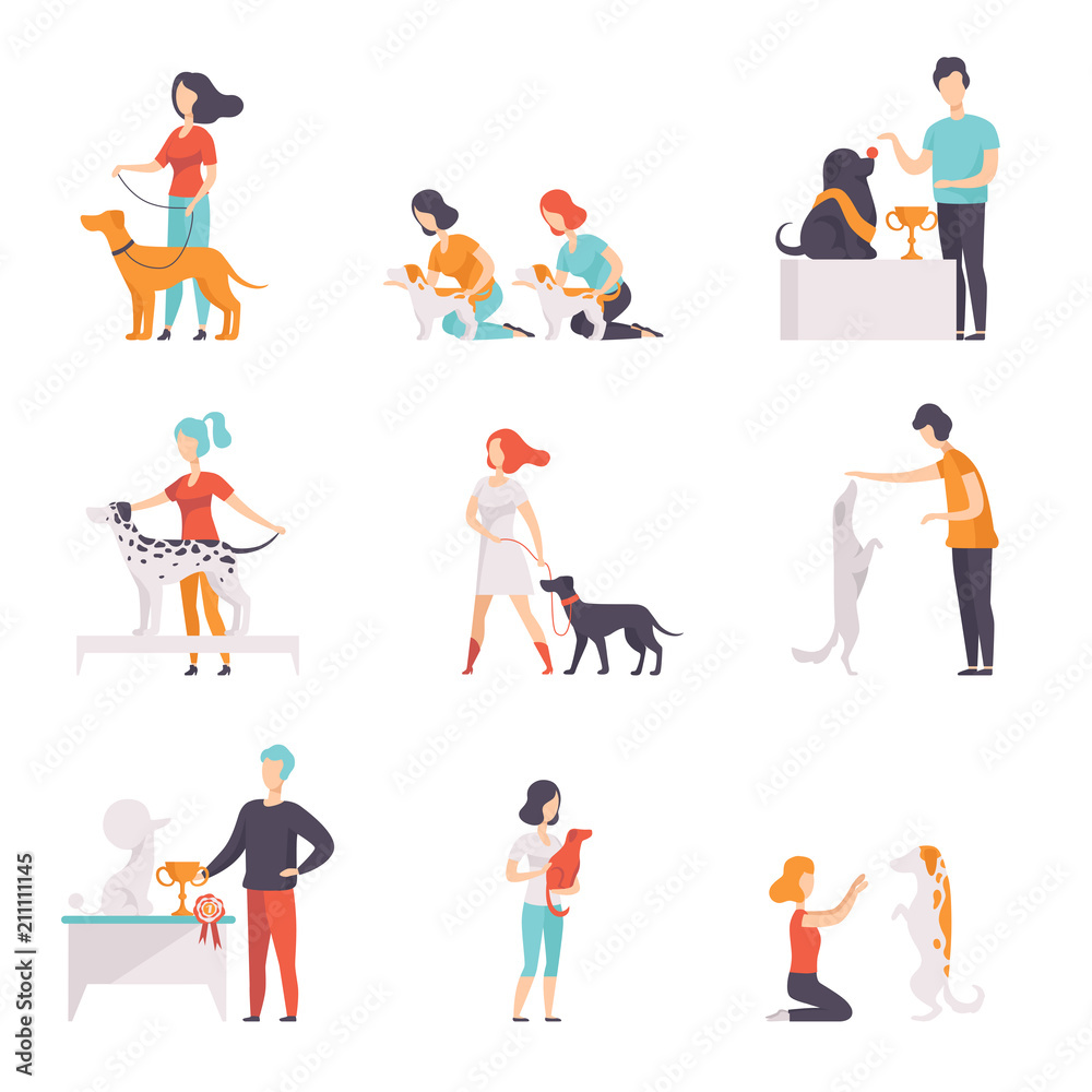 Owners presenting their purebred dogs at pet how exhibition set vector Illustrations on a white background