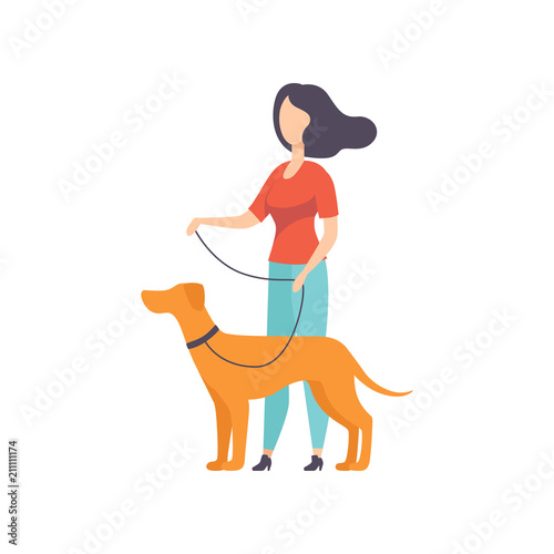 Owner keeping dog on the leash at show exhibition vector Illustration on a white background