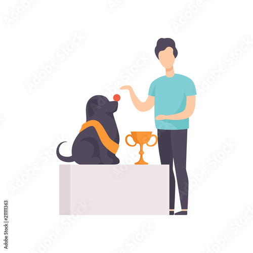 Owner presenting his purebred champion dog at pet show competition vector Illustration on a white background