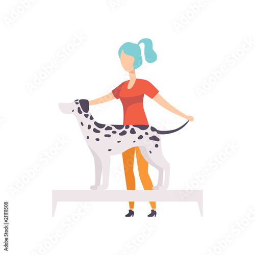 Young woman presenting her purebred Dalmatian dog at show exhibition vector Illustration on a white background