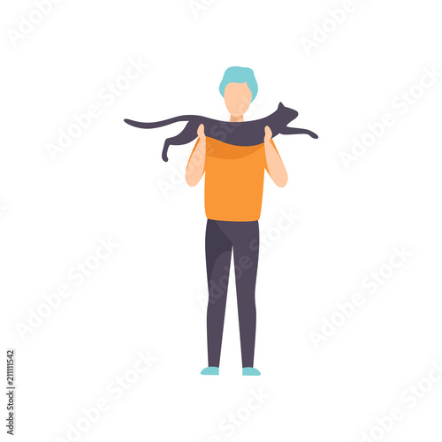 Owner presenting his black cat to jury at cat breeds show vector Illustration on a white background