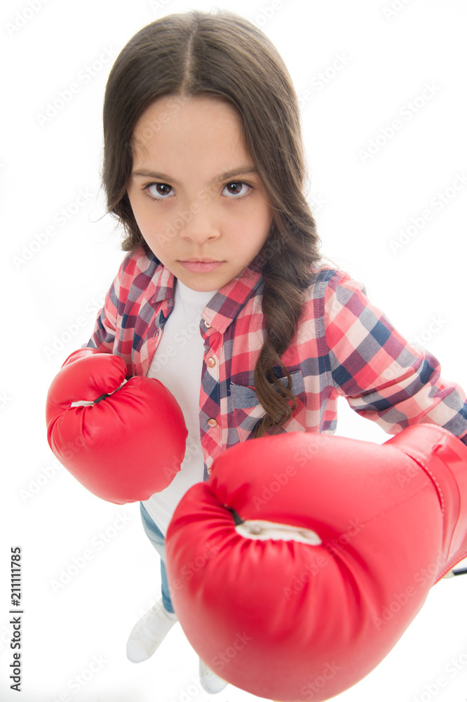 That is what I think. Girls power. Every kid should know how defend own point of view. Girl seriously defending her opinion. Child serious face with gloves practice boxing skills isolated white That is what I think. Girls power. Every kid should know how defend own point of view. Girl seriously defending her opinion. Child serious face with gloves practice boxing skills isolated white