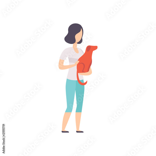 Owner presenting her dog at at show exhibition, young woman holding her dog in her arms vector Illustration on a white background