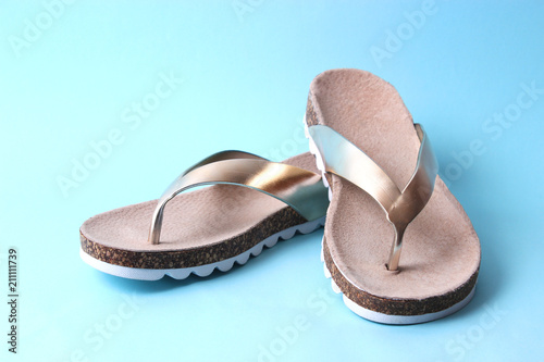 close-up female slippers on a colored background. women's shoes