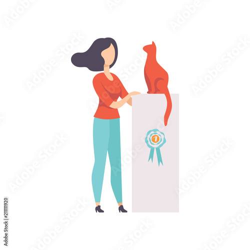 Owner presenting her purebred cat at show exhibition, cat took the first place on pet show vector Illustration on a white background