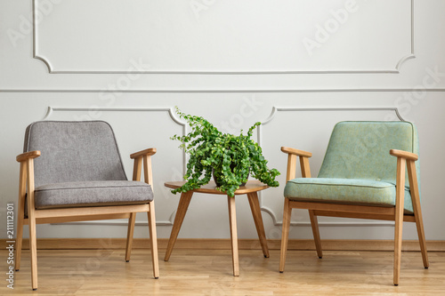 Tableau sur toile Real photo of a small table with a plant standing between two chairs in a living