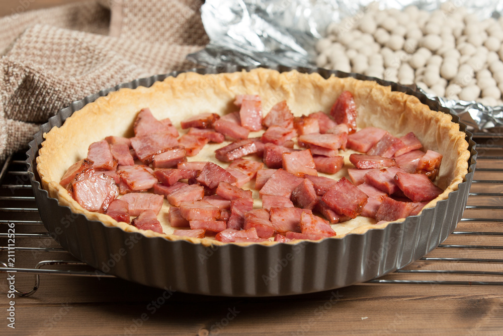 Cooking Process Of Quiche Lorraine With Red Leicester Cheese. Traditional British Food. Cooking Process Of Quiche Lorraine With Red Leicester Cheese. Traditional British Food.