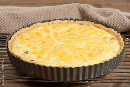 Homebaked Quiche Lorraine With Red Leicester Cheese. Traditional British Food. Baking Tray.