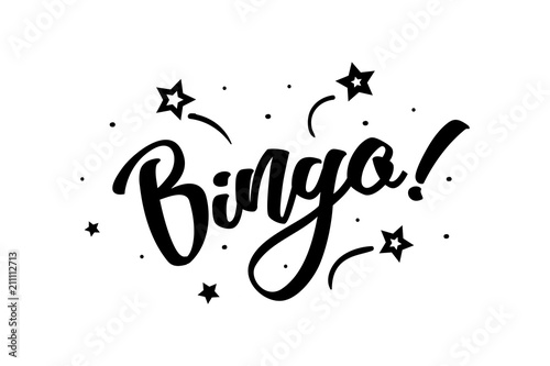 Bingo. Beautiful greeting card poster, calligraphy black text Word star fireworks. Hand drawn, design elements. Handwritten modern brush lettering on a white background isolated vector
