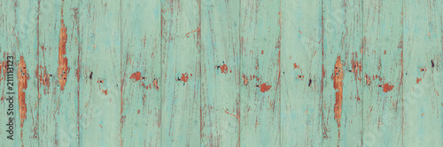panorama background of old green wood plank wall texture.