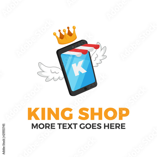 smartphone with striped store awning, crown, wings and K letter for mobile shop concept design. e-commerce application logo template. modern flat illustration style.
