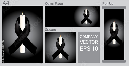 Mock up Mourning symbol with Candle and Black Respect ribbon on white background Banner. RIP Funeral card Vector Illustration.