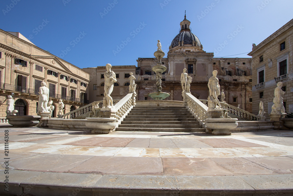 Fountain of shame on  Piazza Pretoria, Palermo, Italy