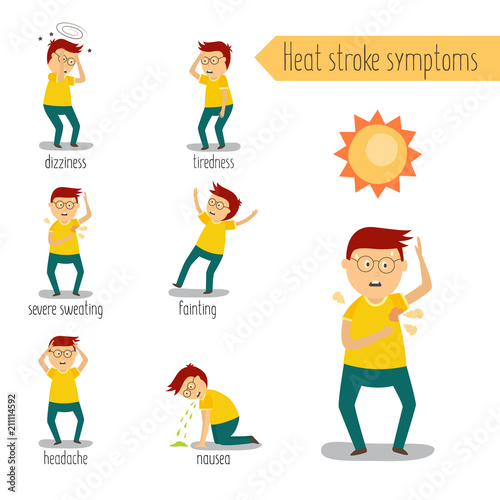 Adult man with painful face expression, heat stroke symptoms set. Nausea vomiting, tiredness, fainting dizziness, headache sweating. Flat male character worker with health problem. Vector illustration