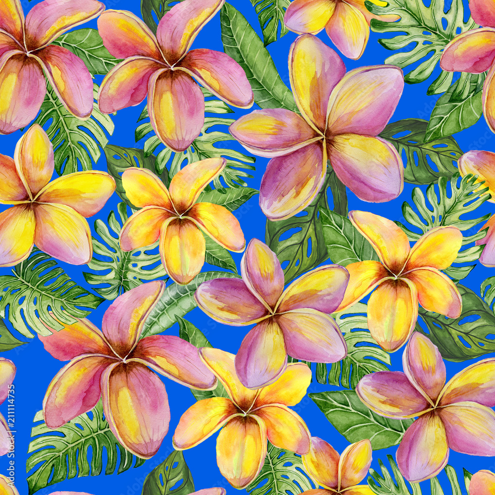 Exotic plumeria flowers and green monstera leaves on vivid blue background. Bright seamless tropical pattern. Watercolor painting. Hand painted floral illustration. Exotic plumeria flowers and green monstera leaves on vivid blue background. Bright seamless tropical pattern. Watercolor painting. Hand painted floral illustration.