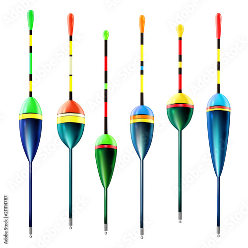 Fishing bobbers set. Hooks realistic collection. Fishing equipment. Wobblers. Realistic floats isolated on white. Ocean. Lake. River. Sea. Fishermen. Pike. Perch. Tarpon. Salmon. Tuna. Marlin. Bass.