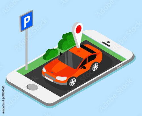 Car parking smartphone app on blue background.