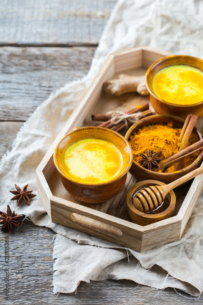 Traditional indian drink turmeric curcuma golden milk with ingredients