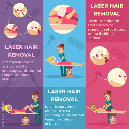 Laser hair removal in cosmetological clinic or salon vertical banners set with beautician or cosmetologist doing epilation with professional apparatus. Vector illustration template in flat style.