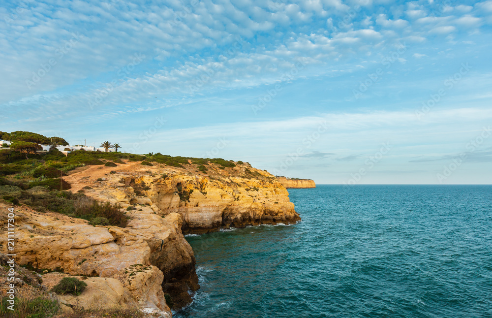 Evening Atlantic rocky coastline, Algarve, Portugal