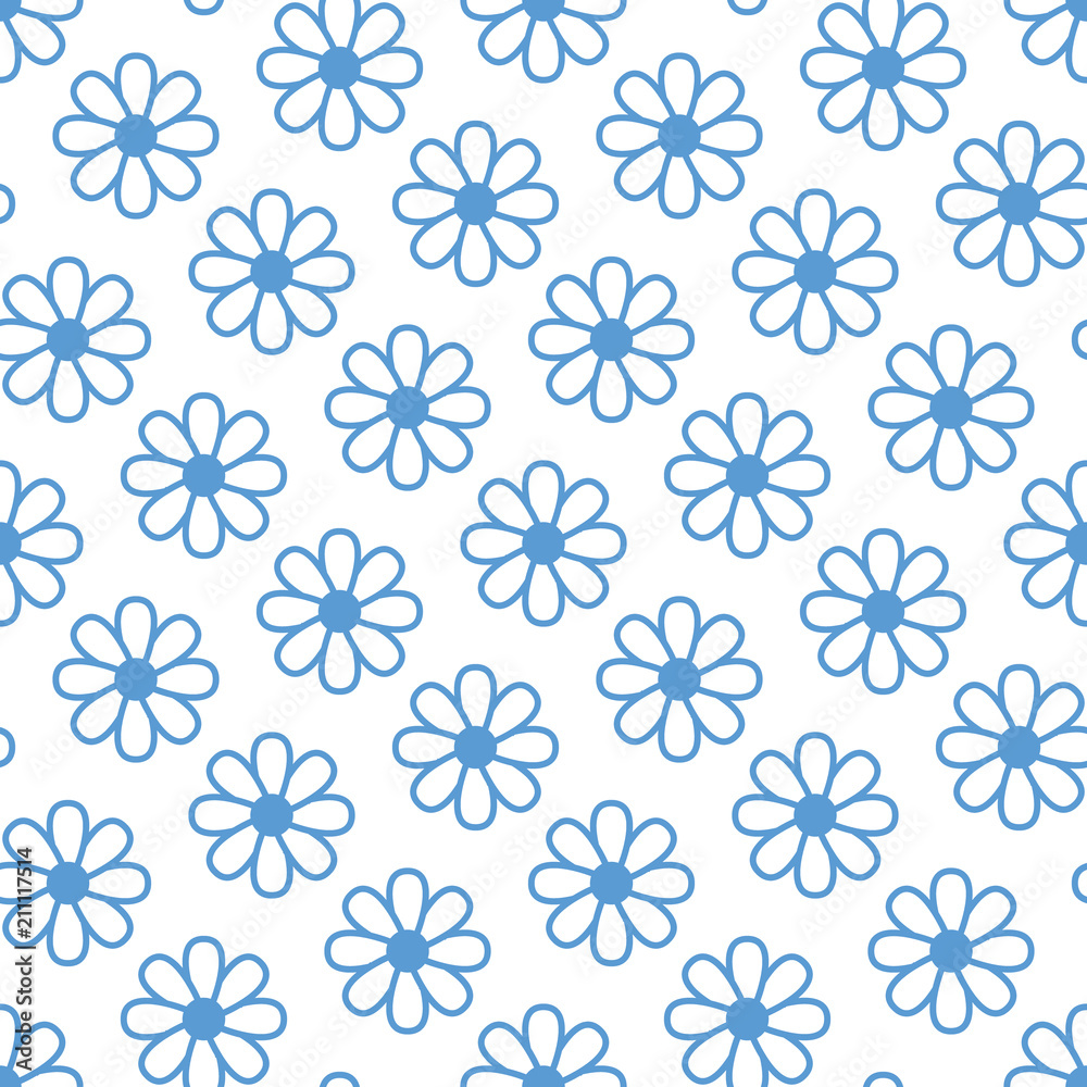 Floral seamless pattern with flat line icons of daisy chains. Flower background garden chamomile plant. Beautiful blue white color texture for kids fabric. Floral seamless pattern with flat line icons of daisy chains. Flower background garden chamomile plant. Beautiful blue white color texture for kids fabric.